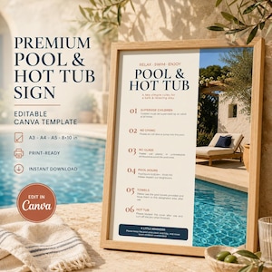 Puede incluir: Una plantilla de letrero enmarcado para piscina y jacuzzi con una lista de seis reglas de seguridad. El texto incluye encabezados como Pool & Hot Tub, Relax Swim Enjoy, e instrucciones específicas para niños, buceo, vidrio, horarios y toallas.