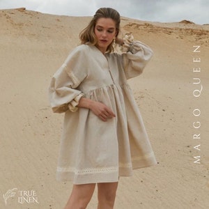 Summer Linen French Style Dress with Lace Patchwork, linen dress, linen dress collection 2024