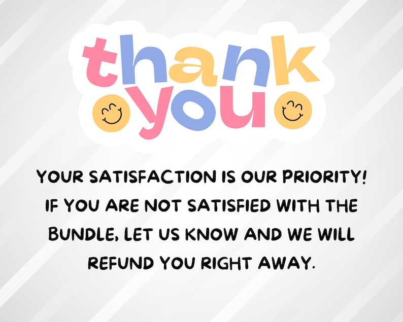 May include: A colourful thank you message with two smiley faces. The text reads "thank you" with the word "thank" in blue and the word "you" in pink. The text is on a white background with grey diagonal stripes.