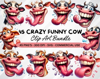 45 Cute and Crazy Cow Clipart, Funny Cow Clipart PNG, Cute Animals Clipart, Funny Cow Face, Commercial Use, Instant Download