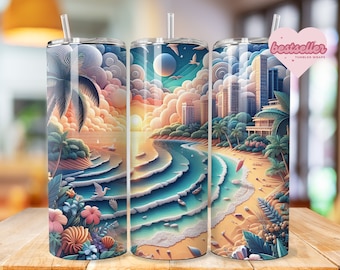 Tropical Beach Tumbler Wrap 20oz tumbler wrap Bundle Ocean tumbler wrap Sunset Sublimation Sea Design Seashell Digital Download