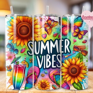 Summer Vibes Tumbler Wrap, 20 Unzen Skinny Sublimationsbecher Design, Aquarell Sommer Sublimationsdesign, Flip Flop Tumbler Png Downloads
