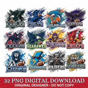 May include: A digital download graphic featuring 12 American football team logos, including Eagles, Colts, Dolphins, Ravens, Texans, Seahawks, Vikings, Chiefs, Lions, Chargers, Raiders, and Jaguars. Each logo includes the team name and mascot with a football.