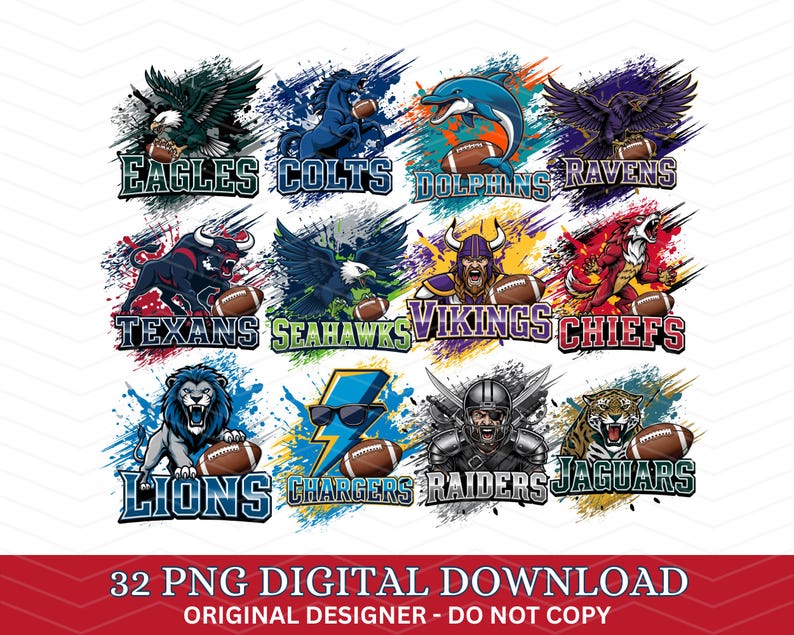 May include: A digital download graphic featuring 12 American football team logos, including Eagles, Colts, Dolphins, Ravens, Texans, Seahawks, Vikings, Chiefs, Lions, Chargers, Raiders, and Jaguars. Each logo includes the team name and mascot with a football.