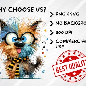 May include: A cartoon illustration of a dog wearing glasses and a scarf. The dog is surrounded by colorful confetti and stars. The text "WHY CHOOSE US?" is at the top of the image. The text "PNG & SVG", "NO BACKGROUND", "300 DPI", "COMMERCIAL USE", and "BEST QUALITY" are listed below the dog.