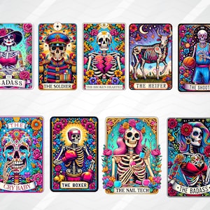 May include: A set of ten colourful tarot cards featuring illustrations of skeletons in various poses and settings. Each card has a title, such as "The Badass", "The Soldier", and "The Broken Hearted".