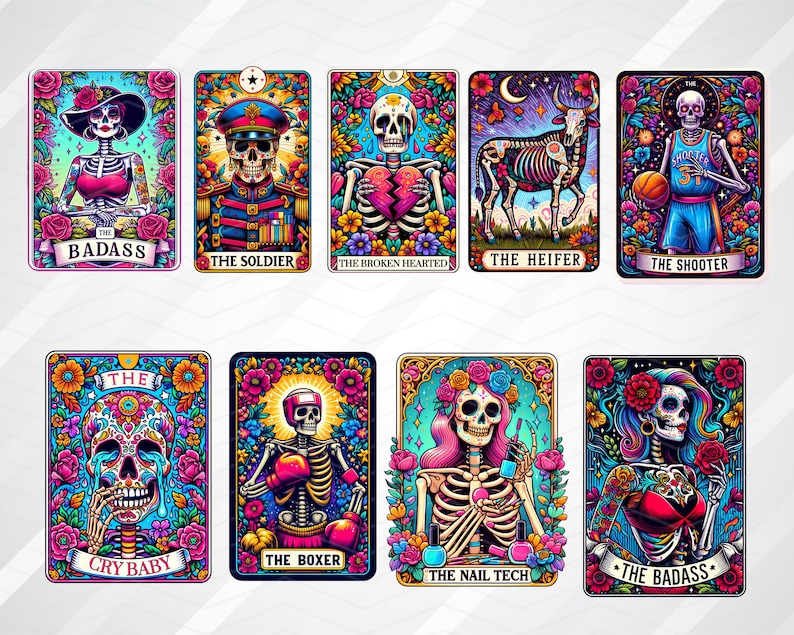 May include: A set of ten colourful tarot cards featuring illustrations of skeletons in various poses and settings. Each card has a title, such as "The Badass", "The Soldier", and "The Broken Hearted".