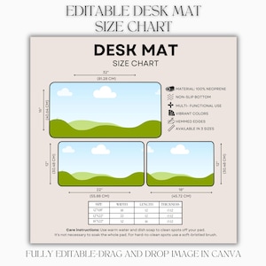 Può includere: Un grafico delle dimensioni del tappetino da scrivania beige con tre illustrazioni rettangolari. Il grafico include misure in centimetri, insieme alle istruzioni per la cura e caratteristiche come il fondo antiscivolo e i colori vivaci. Il testo recita "EDITABLE DESK MAT SIZE CHART".