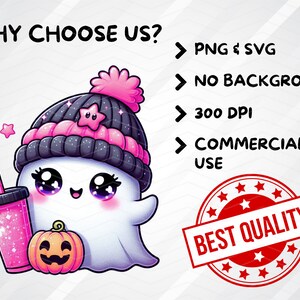 Peut inclure: Un adorable fant&ocirc;me de dessin anim&eacute; portant un bonnet d'hiver rose et noir, tenant une tasse rose et blanche avec une paille et une petite citrouille orange. Le texte "WHY CHOOSE US?" est dans le coin sup&eacute;rieur gauche de l'image. Le texte "PNG & SVG", "NO BACKGROUND", "300 DPI", "COMMERCIAL USE", et "BEST QUALITY" sont dans le coin sup&eacute;rieur droit de l'image.