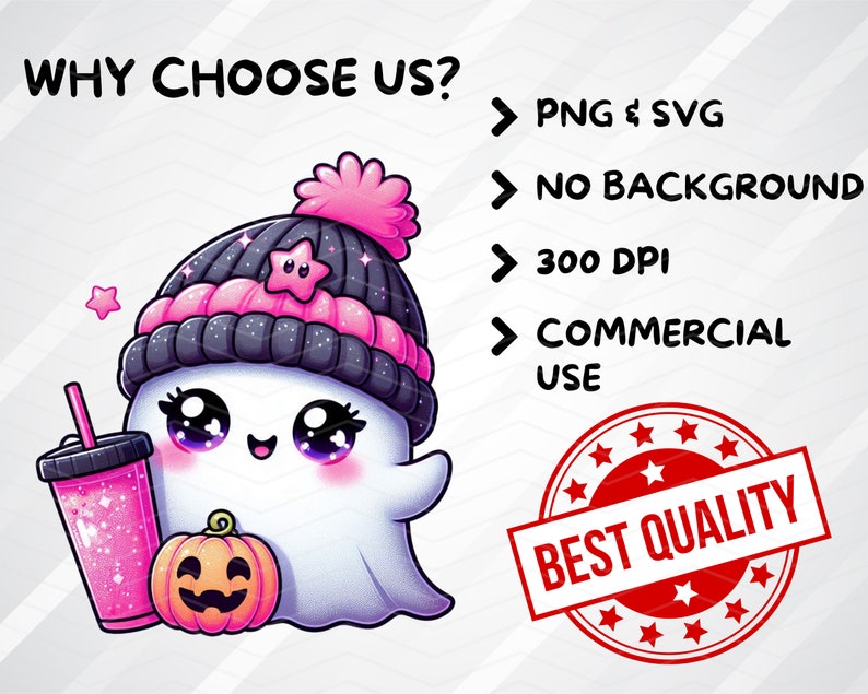Peut inclure: Un adorable fant&ocirc;me de dessin anim&eacute; portant un bonnet d'hiver rose et noir, tenant une tasse rose et blanche avec une paille et une petite citrouille orange. Le texte "WHY CHOOSE US?" est dans le coin sup&eacute;rieur gauche de l'image. Le texte "PNG & SVG", "NO BACKGROUND", "300 DPI", "COMMERCIAL USE", et "BEST QUALITY" sont dans le coin sup&eacute;rieur droit de l'image.