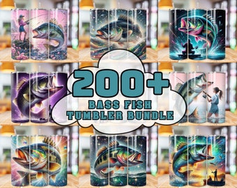 200 BASS Fish Tumbler Wrap, Pesca PNG Immagine Sublimazione Immagine, Skinny Tumbler Wraps Tumbler da 20 once, Kid Bottiglia d'acqua Pesce Design Bundle