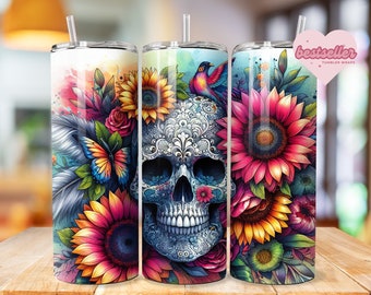 Gobelet papier peint tête de mort 20 oz motifs sublimation aquarelle et verre 3D papier peint tête de mort et roses PNG
