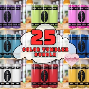 May include: A set of 25 color tumbler designs featuring a crayon with glitter and the text "Mrs. Johnson". The designs are perfect for teachers or anyone who loves crayons.