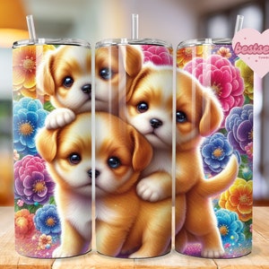 Cute Baby Dog Tumbler Wrap, 20oz Sublimation Tumbler Design, Dog Sublimation Design Png, Floral Dog umbler Download, Dog tumbler wrap, puppy