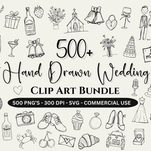 Handgezeichnete skurrile Hochzeit SVG, Clipart Bundle mit Illustrationen, Icons für Hochzeitseinladungen und Vorlagen, Doodles, Menü, Brauteinladungen
