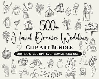 Könnte beinhalten: Ein Clipart-Paket mit handgezeichneten Hochzeits-Illustrationen in Schwarzweiß. Das Paket enthält über 500 Bilder, wie z. B. eine Kirche, eine Hochzeitstorte, einen Blumenstrauß, ein Paar Hochzeitsglocken, eine Discokugel, ein Paar Schuhe, einen Ring, einen Cupcake, ein Glas Wein, ein Paar, einen Hummer, eine Krabbe, ein Herz, ein Schloss, eine Kamera, eine Flasche Tequila, eine Flasche Whisky, ein Paar Kirschen, ein Croissant, ein Auto, einen Blumenstrauß, eine Traube, ein Mikrofon, ein Hochzeitskleid, ein Schild mit der Aufschrift "Just Married" und vieles mehr.