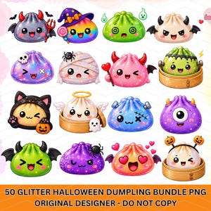 Puede incluir: Una colección de dieciséis ilustraciones de dumplings de dibujos animados con varios temas de Halloween, incluyendo diablos, momias, gatos y fantasmas. Los dumplings tienen colores vibrantes con texturas brillantes y algunos llevan accesorios.
