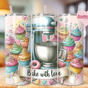 Emballage de gobelet de cuisson PNG, téléchargement numérique par sublimation, gobelet skinny 20 oz, cuire avec amour, emballage de gobelet boulanger mignon, téléchargement immédiat