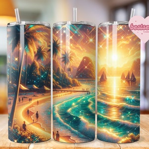 Tropical Beach Tumbler Wrap 20oz tumbler wrap Bundle Ocean tumbler wrap Sunset Sublimation Sea Design Seashell Digital Download
