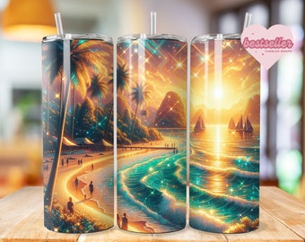 Tropical Beach Tumbler Wrap 20oz tumbler wrap Bundle Ocean tumbler wrap Sunset Sublimation Sea Design Seashell Digital Download