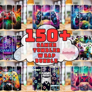 May include: A collection of 150+ gamer tumbler wrap designs. The designs feature colorful graphics of video game controllers, neon lights, and text that says "Gamer" and "Game Mode".