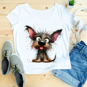 May include: White t-shirt with a cartoon illustration of a brown and black dog with a pink tongue sticking out.