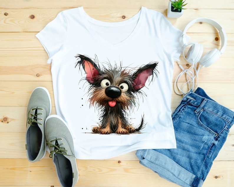May include: White t-shirt with a cartoon illustration of a brown and black dog with a pink tongue sticking out.
