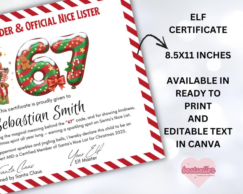 Elf 6 7 Certificate, Six Seven Elf Nice List, 67 Elf Printable, Elf ...