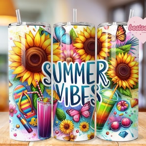 Summer Vibes Tumbler Wrap, 20 Unzen Skinny Sublimationsbecher Design, Aquarell Sommer Sublimationsdesign, Flip Flop Tumbler Png Downloads