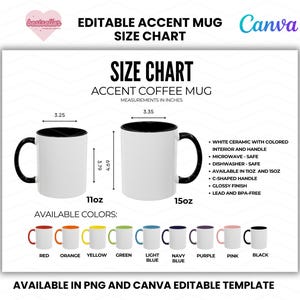 Pode incluir: Tabela de tamanhos de canecas de café de cerâmica branca com interior e alça pretos. Medidas em cm: 8,26 cm de diâmetro, 9,63 cm de altura e 11,91 cm de altura. Disponível em 11oz e 15oz. Cores disponíveis: vermelho, laranja, amarelo, verde, azul claro, azul marinho, roxo, rosa e preto.