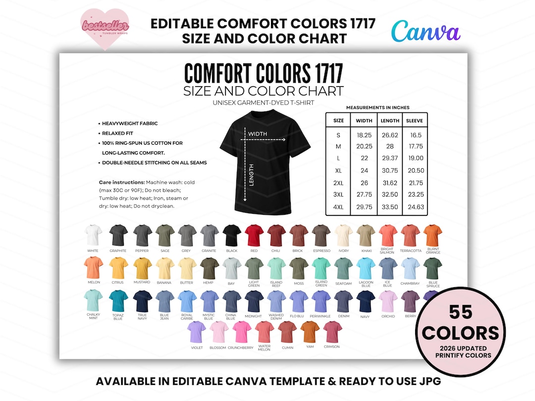 Comfort Colors 1717 Color Chart and Size Chart, Color Chart Comfort ...