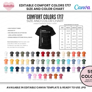 Puede incluir: Una tabla de tallas y colores para camisetas unisex Comfort Colors 1717. La tabla incluye medidas en pulgadas, detalles de la tela y una paleta de 55 colores. Disponible en una plantilla de Canva editable.