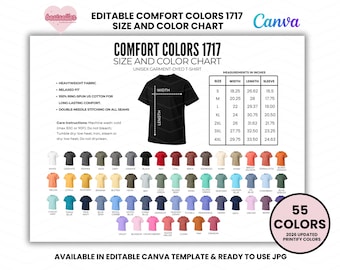 以下が含まれることがあります： Comfort Colors 1717 ユニセックスガーメントダイTシャツのサイズとカラーチャート。インチ単位の寸法、生地の詳細、55色のカラーパレットが含まれています。編集可能なCanvaテンプレートで利用できます。