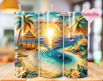 Tropical Beach Tumbler Wrap 20oz tumbler wrap Bundle Ocean tumbler wrap Sunset Sublimation Sea Design Seashell Digital Download