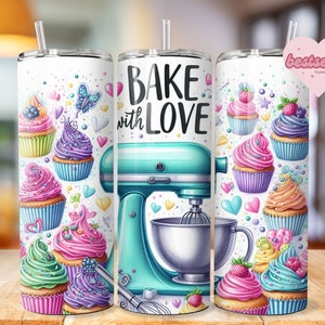 Baking Tumbler Wrap PNG, Sublimation Digital Download, 20 oz Skinny Tumbler, Bake with love, Cute Baker Tumbler Wrap, instant download