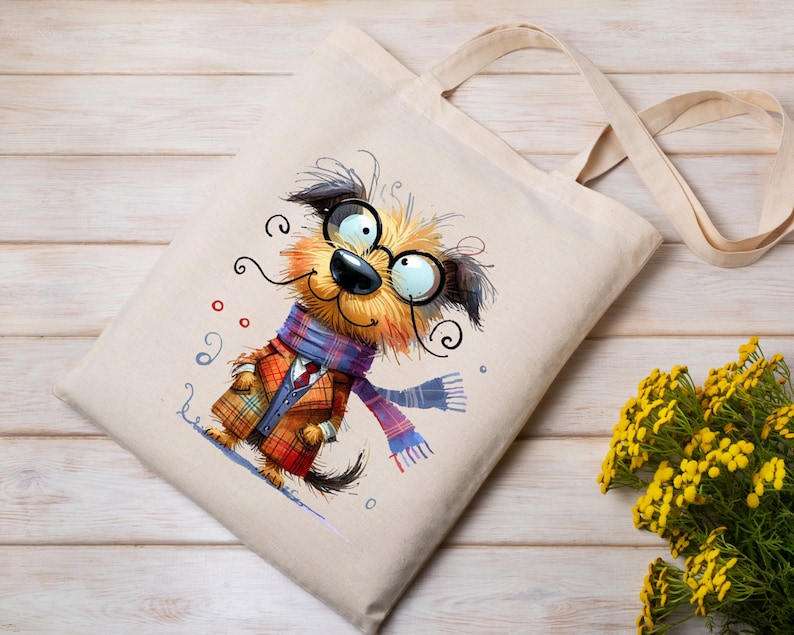 May include: A beige tote bag with a cartoon illustration of a dog wearing a plaid coat, a blue scarf, and round glasses. The dog is smiling and has a whimsical expression.