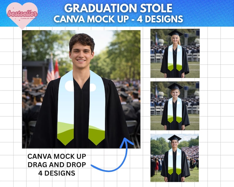 Graduation Stole Mockup Bundle – 4 Designs | Canva Drag & Drop Template ...