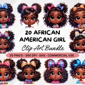 20 Cute African American Girl Clipart Bundle, Bright and Colorful Illustration, Digital Stickers, Sublimation PNG, Adorable Afro Kids Art