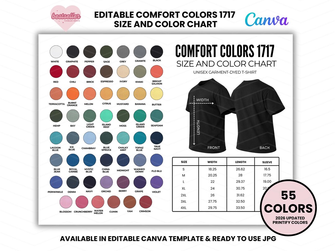 Comfort Colors 1717 Color Chart and Size Chart, Color Chart Comfort ...