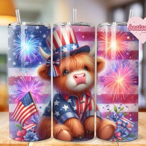 4th Of July Highland Cow Patriot 20 oz Skinny Tumbler Sublimation Design, Highland Cow Tumbler Wrap, 4th Of July Tumbler Wrap, Cow America.