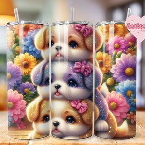 Cute Baby Dog Tumbler Wrap, 20oz Sublimation Tumbler Design, Dog Sublimation Design Png, Floral Dog umbler Download, Dog tumbler wrap, puppy