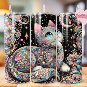 May include: A colorful cat design with a black background and gold, pink, blue, and purple accents. The cat is surrounded by intricate floral patterns and stars. This design is perfect for a tumbler wrap.