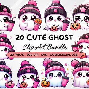 Peut inclure: Un ensemble de 20 images clipart num&eacute;riques repr&eacute;sentant de jolis fant&ocirc;mes de dessin anim&eacute; portant des bonnets en tricot rose et noir avec des &eacute;toiles et tenant des citrouilles et des tasses. Le texte "20 CUTE GHOST Clip Art Bundle 20 PNG'S - 300 DPI - SVG - COMMERCIAL USE" est en bas de l'image.