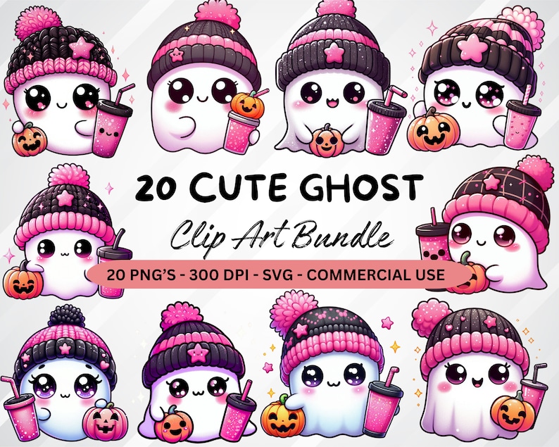 Peut inclure: Un ensemble de 20 images clipart num&eacute;riques repr&eacute;sentant de jolis fant&ocirc;mes de dessin anim&eacute; portant des bonnets en tricot rose et noir avec des &eacute;toiles et tenant des citrouilles et des tasses. Le texte "20 CUTE GHOST Clip Art Bundle 20 PNG'S - 300 DPI - SVG - COMMERCIAL USE" est en bas de l'image.