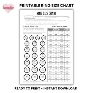 Puede incluir: Una tabla de tallas de anillos imprimible en blanco y negro, con una herramienta para medir anillos y una tabla con tallas de anillos en medidas de EE. UU., Reino Unido y Euro. La tabla incluye una sección para verificar la talla del anillo y está etiquetada como "Listo para imprimir - Descarga instantánea."