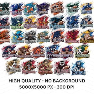 May include: A collection of colorful digital illustrations featuring various NFL team logos, including the Eagles, Bills, Dolphins, Ravens, Bengals, Jets, Rams, and others. Each logo is accompanied by a team-specific mascot holding a football. The image also includes text: HIGH QUALITY - NO BACKGROUND 5000X5000 PX - 300 DPI.