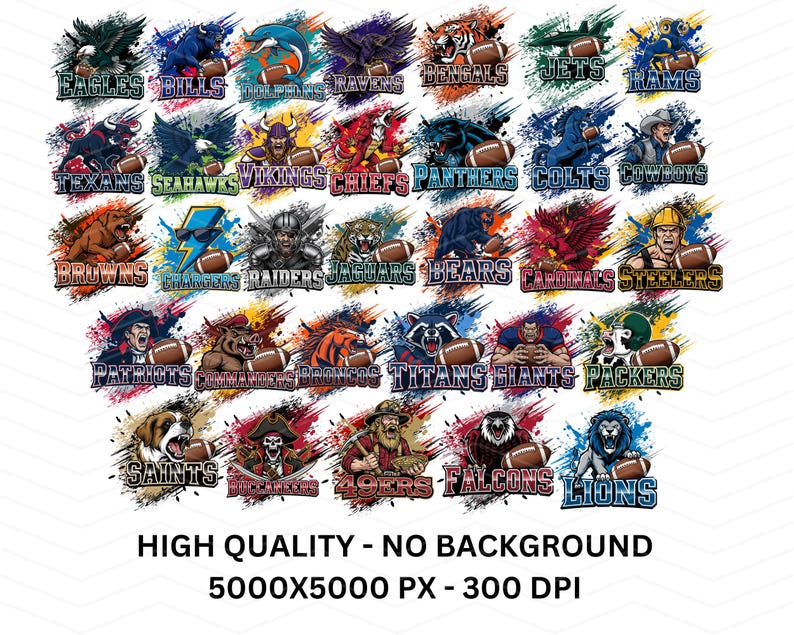 May include: A collection of colorful digital illustrations featuring various NFL team logos, including the Eagles, Bills, Dolphins, Ravens, Bengals, Jets, Rams, and others. Each logo is accompanied by a team-specific mascot holding a football. The image also includes text: HIGH QUALITY - NO BACKGROUND 5000X5000 PX - 300 DPI.