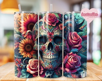 Skull Tumbler Wrap Bundle 20 oz Tumbler Sublimation Designs Watercolor & 3D Tumbler wrap Skull and Roses Straight Tumbler PNG