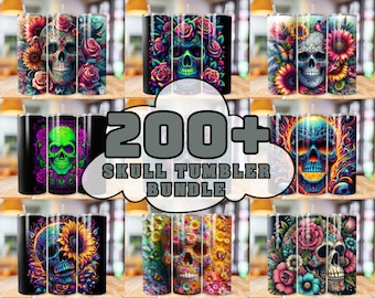200 Skull Tumbler Wrap Bundle 20 oz Tumbler Sublimation Designs Watercolor & 3D Tumbler wrap Skull and Roses Straight Tumbler PNG