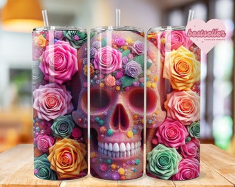 Skull Tumbler Wrap Bundle 20 oz Tumbler Sublimation Designs Watercolor & 3D Tumbler wrap Skull and Roses Straight Tumbler PNG